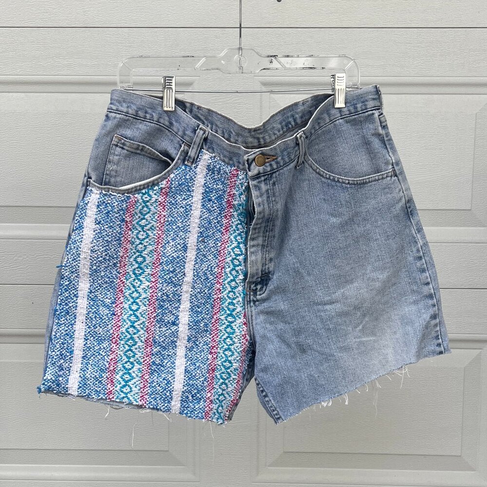 Reworked Vintage Wrangler Denim Cut Off Shorts With Colorful Baja Stripe Patch